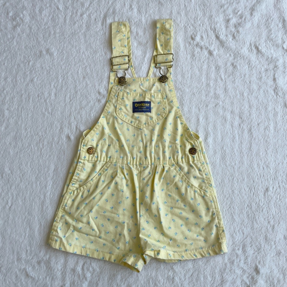 Vintage OshKosh Bgosh Girls Yellow Blue Floral Vestbak Shortalls Made in USA 6X